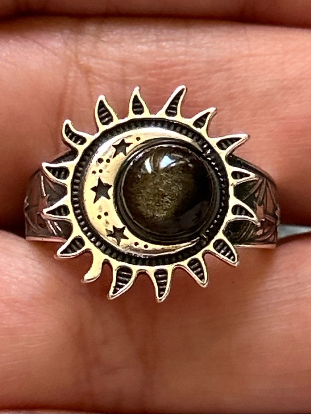 Golden Black Obsidian Crystal Sun Moon Stars Ring S925 Silver Celestial